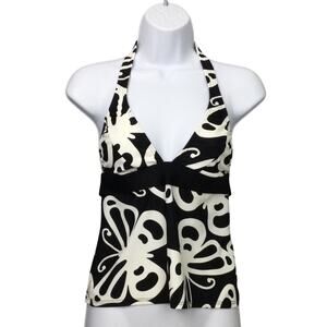 Venus Black White Butterfly Halter Open Tie Back Tankini Bathing Suit Top Size B